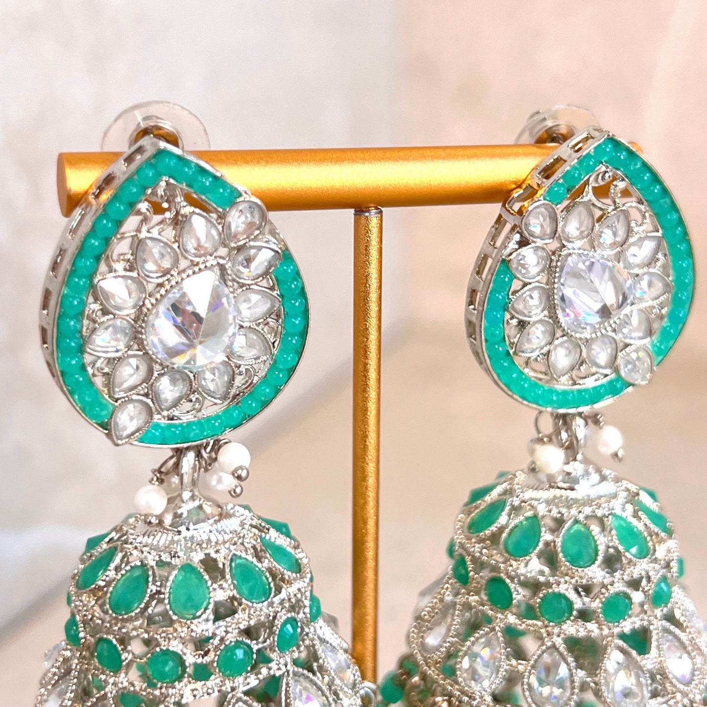 Teal and Silver Large Tear Drop Jhumka Earrings - Indian Style Earring/Pakistani fashion/ Mendhi/Party/Haldi/ Diwali Gift/ Eid Gift
