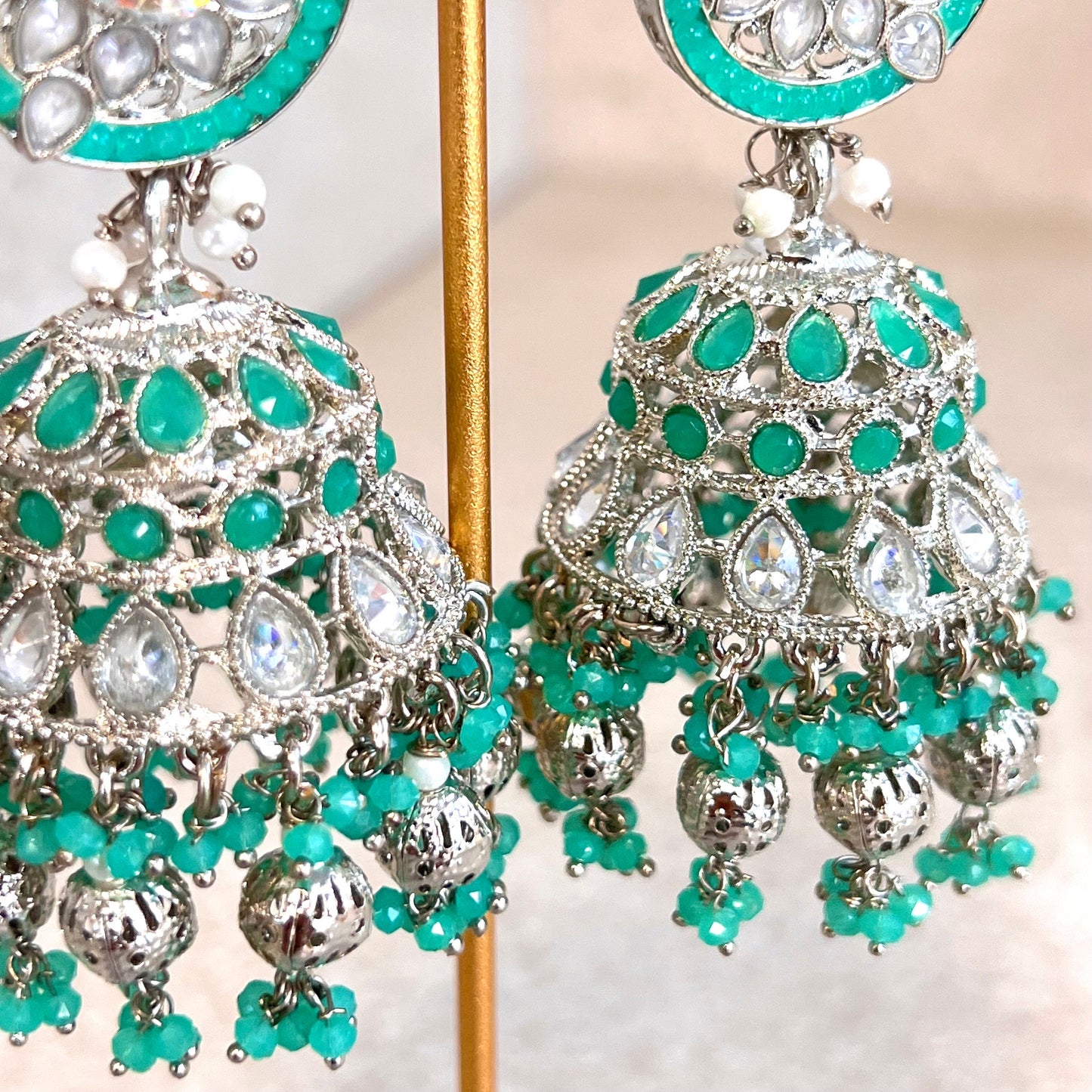 Teal and Silver Large Tear Drop Jhumka Earrings - Indian Style Earring/Pakistani fashion/ Mendhi/Party/Haldi/ Diwali Gift/ Eid Gift