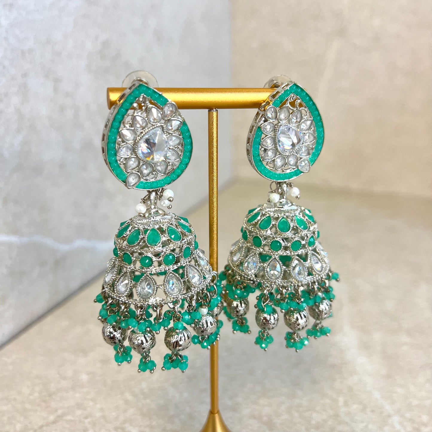 Teal and Silver Large Tear Drop Jhumka Earrings - Indian Style Earring/Pakistani fashion/ Mendhi/Party/Haldi/ Diwali Gift/ Eid Gift