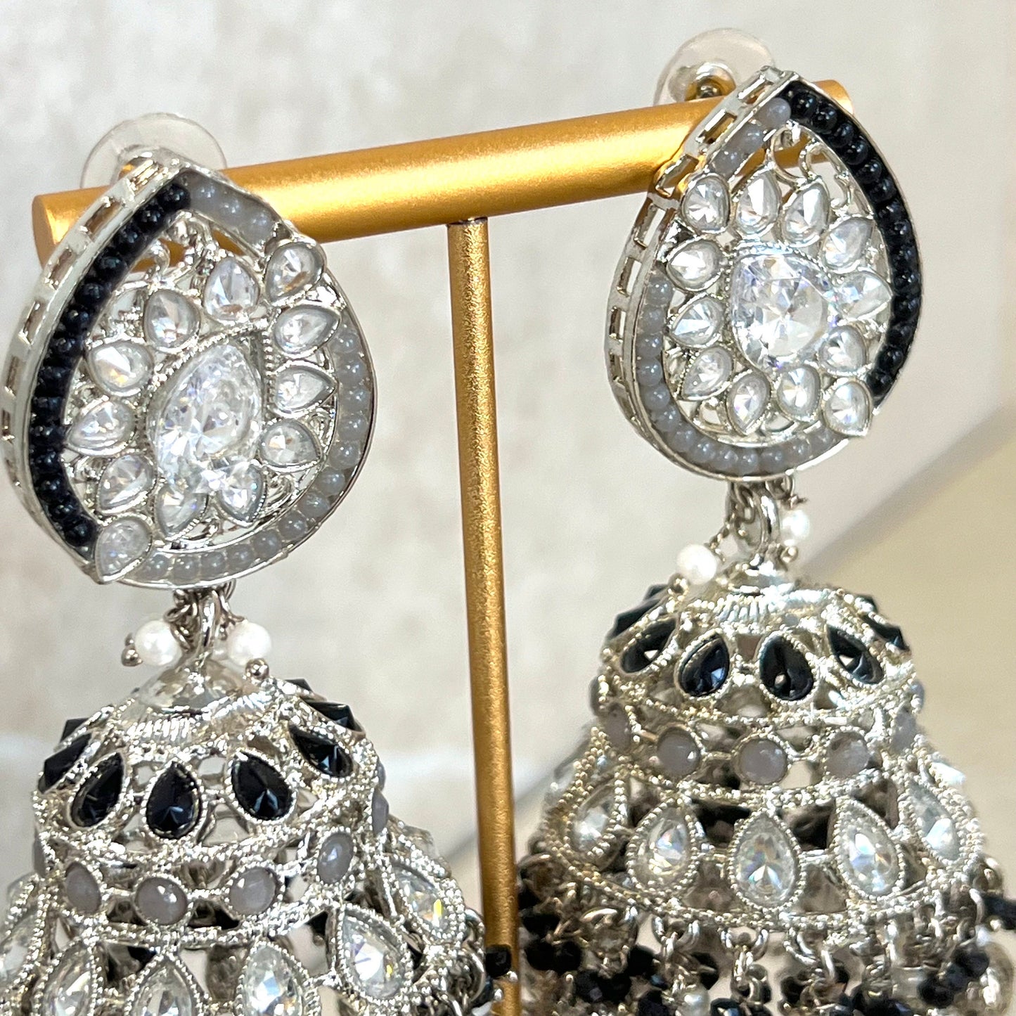 Black/ Grey and Silver Large Tear Drop Jhumka Earrings - Indian Style Earring/Pakistani fashion/ Mendhi/Party/Haldi/ Diwali Gift/ Eid Gift