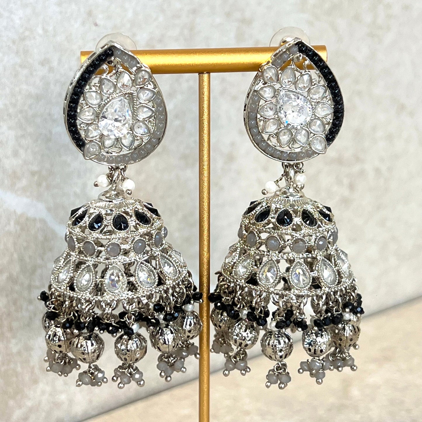 Black/ Grey and Silver Large Tear Drop Jhumka Earrings - Indian Style Earring/Pakistani fashion/ Mendhi/Party/Haldi/ Diwali Gift/ Eid Gift