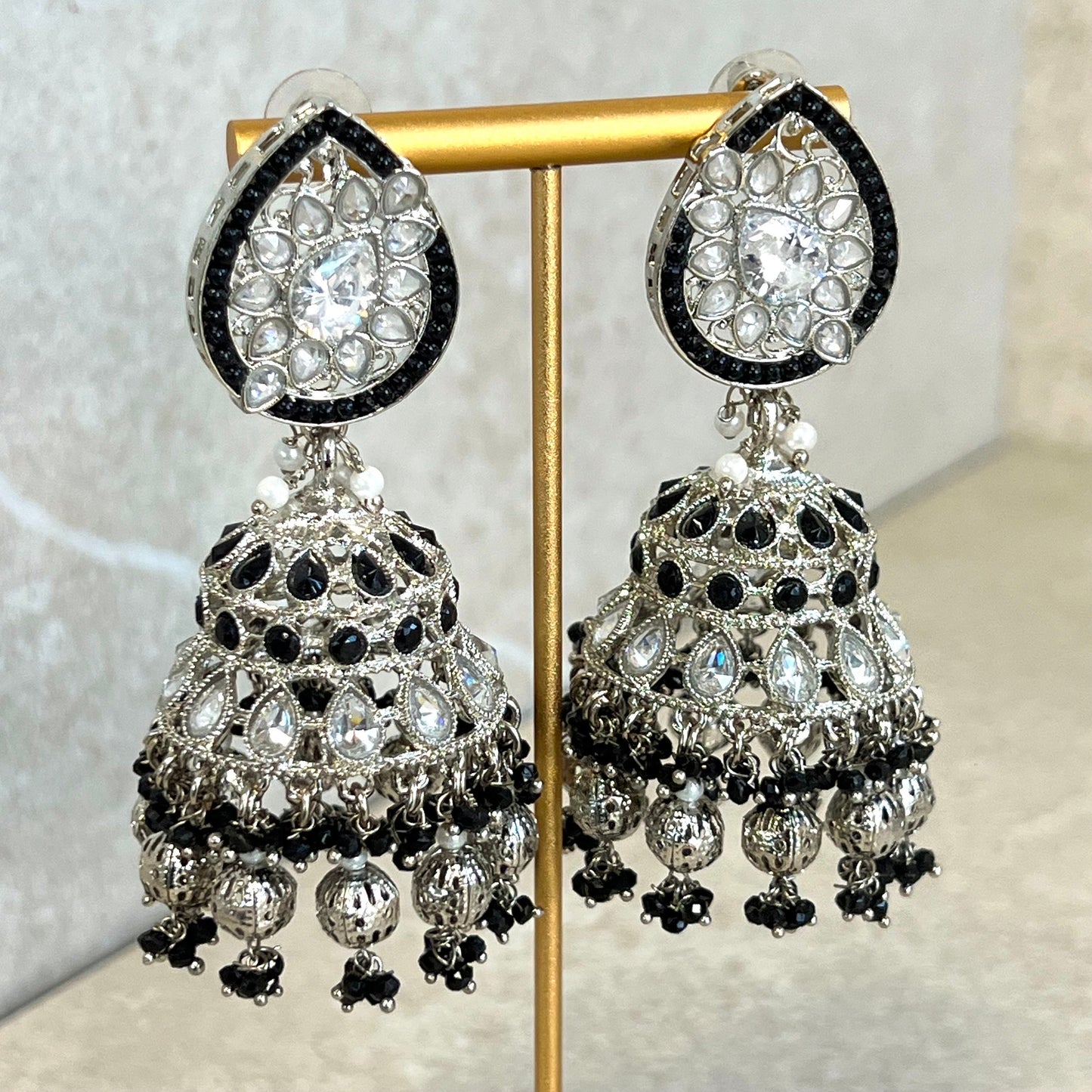 Black/ Grey and Silver Large Tear Drop Jhumka Earrings - Indian Style Earring/Pakistani fashion/ Mendhi/Party/Haldi/ Diwali Gift/ Eid Gift