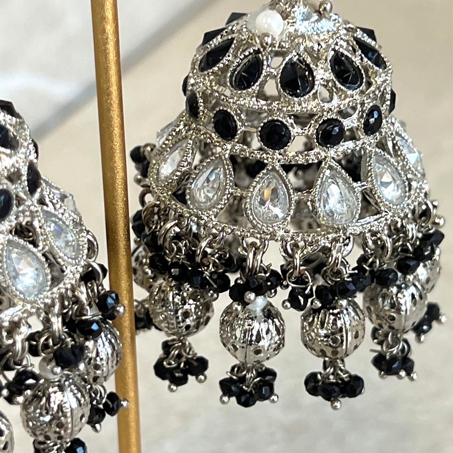 Black/ Grey and Silver Large Tear Drop Jhumka Earrings - Indian Style Earring/Pakistani fashion/ Mendhi/Party/Haldi/ Diwali Gift/ Eid Gift