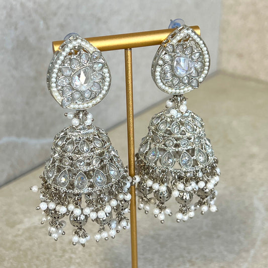 White Silver Crystal Large Tear Drop Jhumka Earrings - Indian Style Earring/Pakistani fashion/ Mendhi/Party/Haldi/ Diwali Gift/ Eid Gift