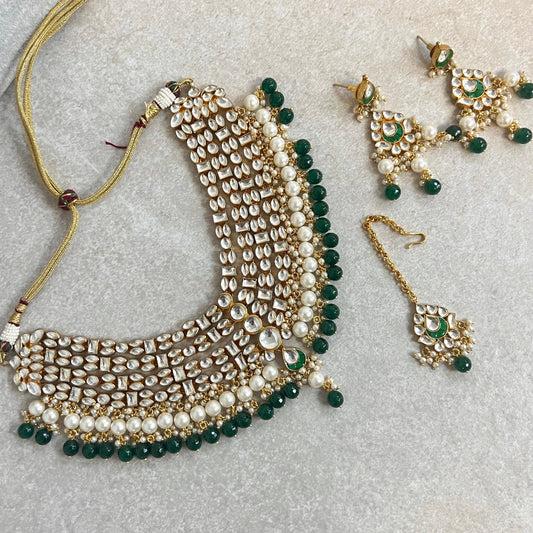 Green Faux Kundan Bright Gold set with Earring and Tikka/ Unique Style/ Indian/ Pakistani/Fashion Jewellery/ Gift for Women