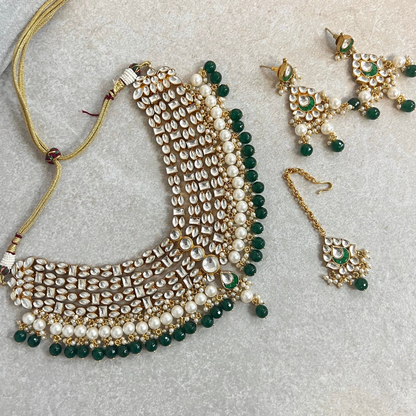 Green Faux Kundan Bright Gold set with Earring and Tikka/ Unique Style/ Indian/ Pakistani/Fashion Jewellery/ Gift for Women