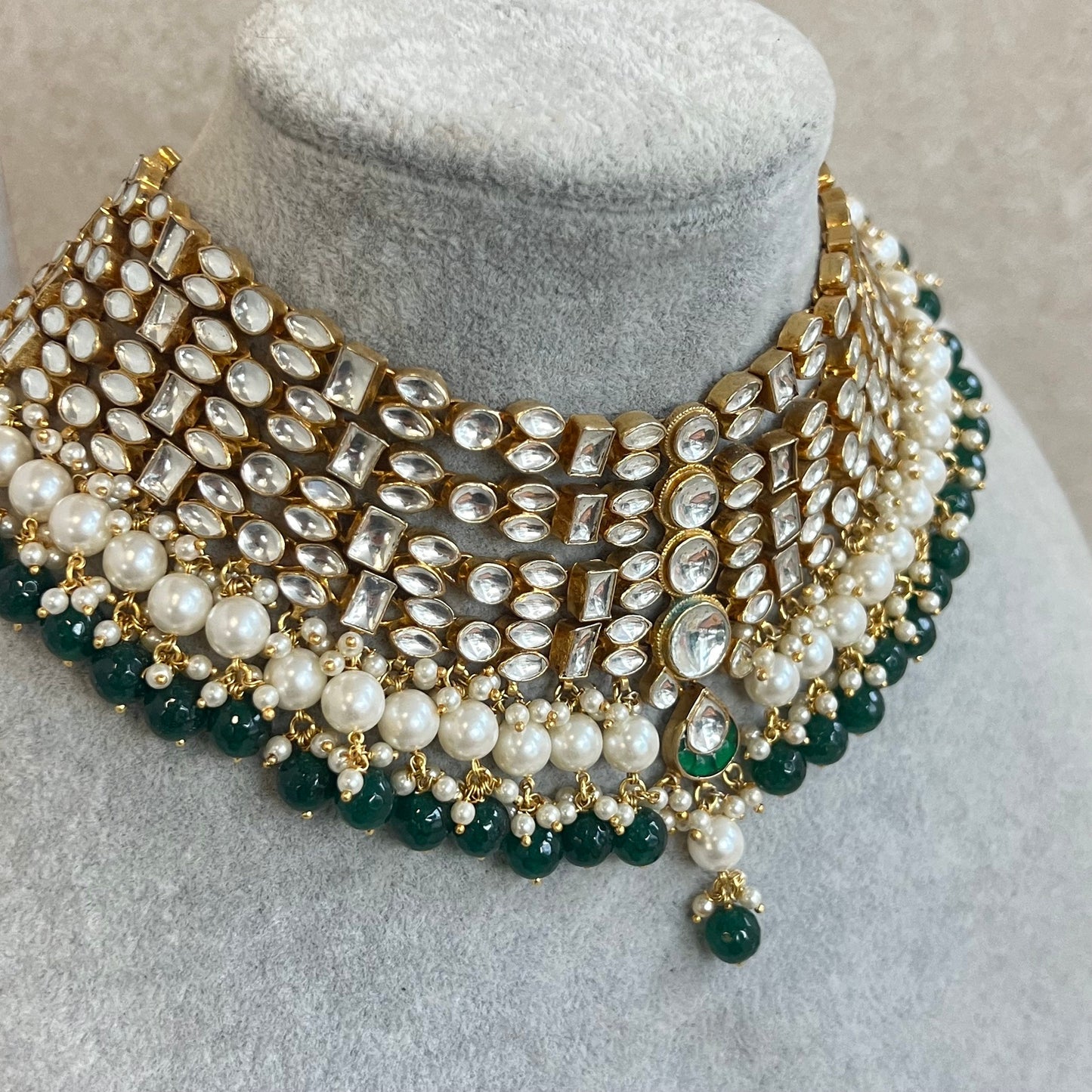 Green Faux Kundan Bright Gold set with Earring and Tikka/ Unique Style/ Indian/ Pakistani/Fashion Jewellery/ Gift for Women