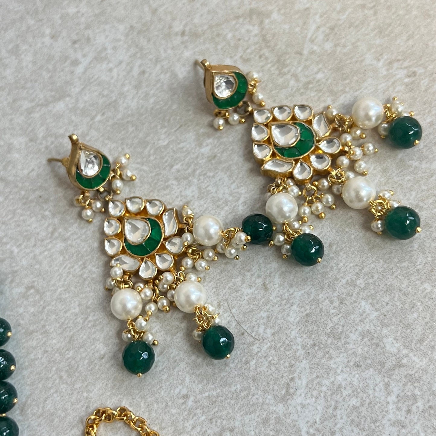Green Faux Kundan Bright Gold set with Earring and Tikka/ Unique Style/ Indian/ Pakistani/Fashion Jewellery/ Gift for Women