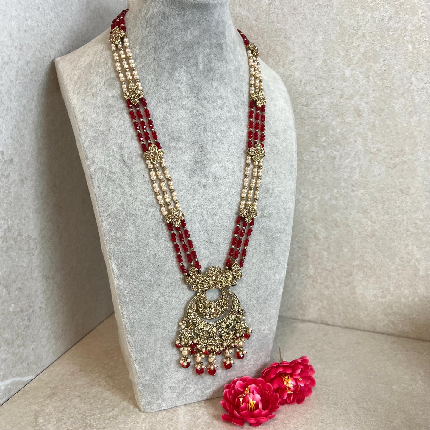 Red-Antique Gold with Golden Rhinestone/ Long Mala/ Haar/ Long Necklace/ Unique Style/ Indian/ Pakistani/Fashion Jewellery/ Gift for Women