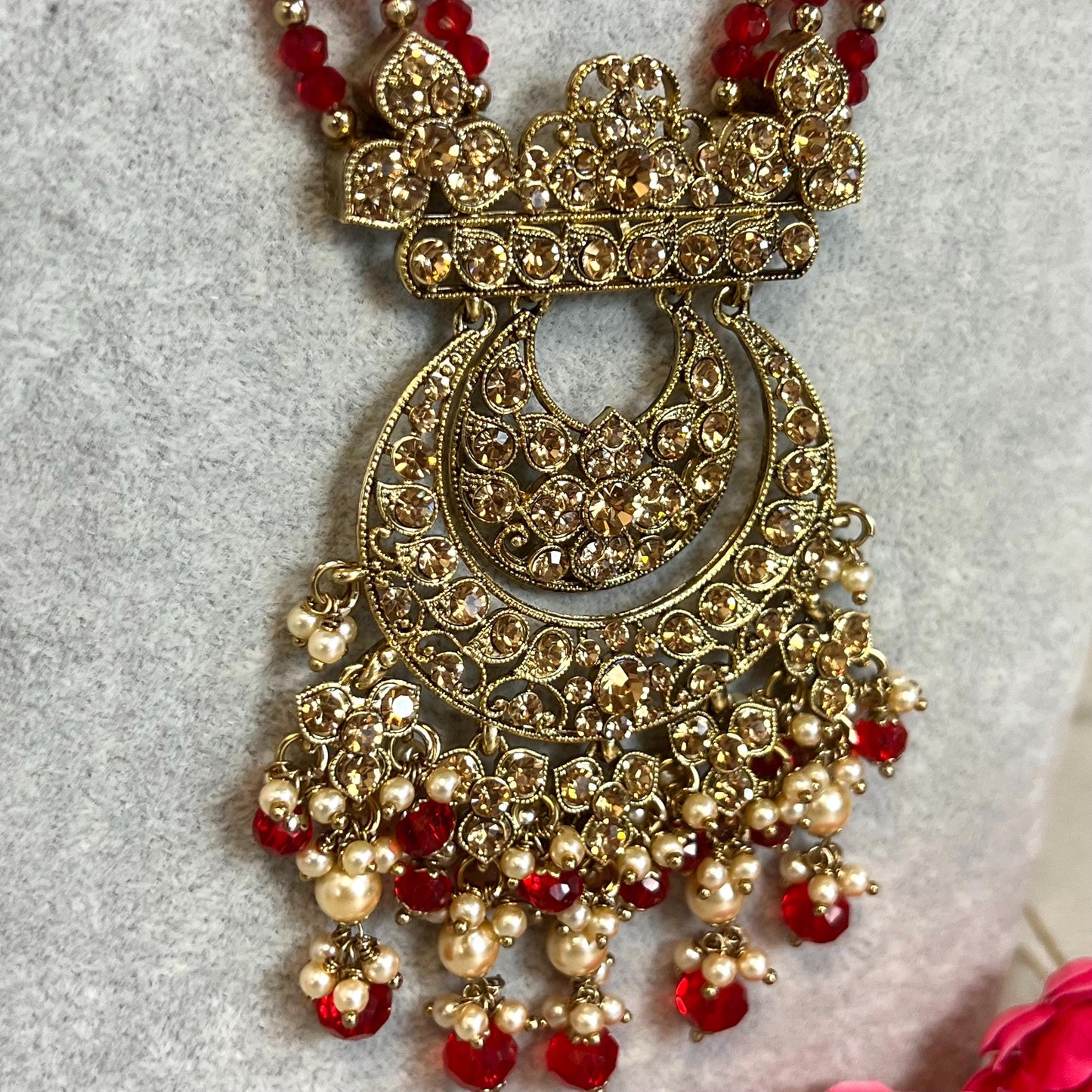 Red-Antique Gold with Golden Rhinestone/ Long Mala/ Haar/ Long Necklace/ Unique Style/ Indian/ Pakistani/Fashion Jewellery/ Gift for Women