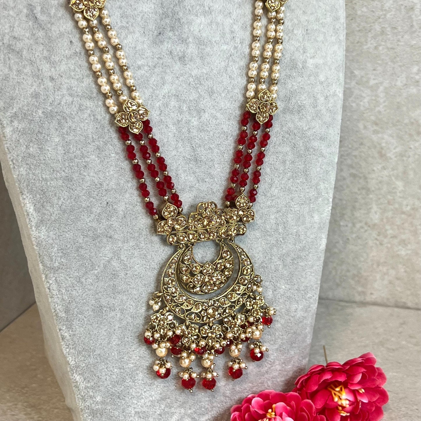 Red-Antique Gold with Golden Rhinestone/ Long Mala/ Haar/ Long Necklace/ Unique Style/ Indian/ Pakistani/Fashion Jewellery/ Gift for Women