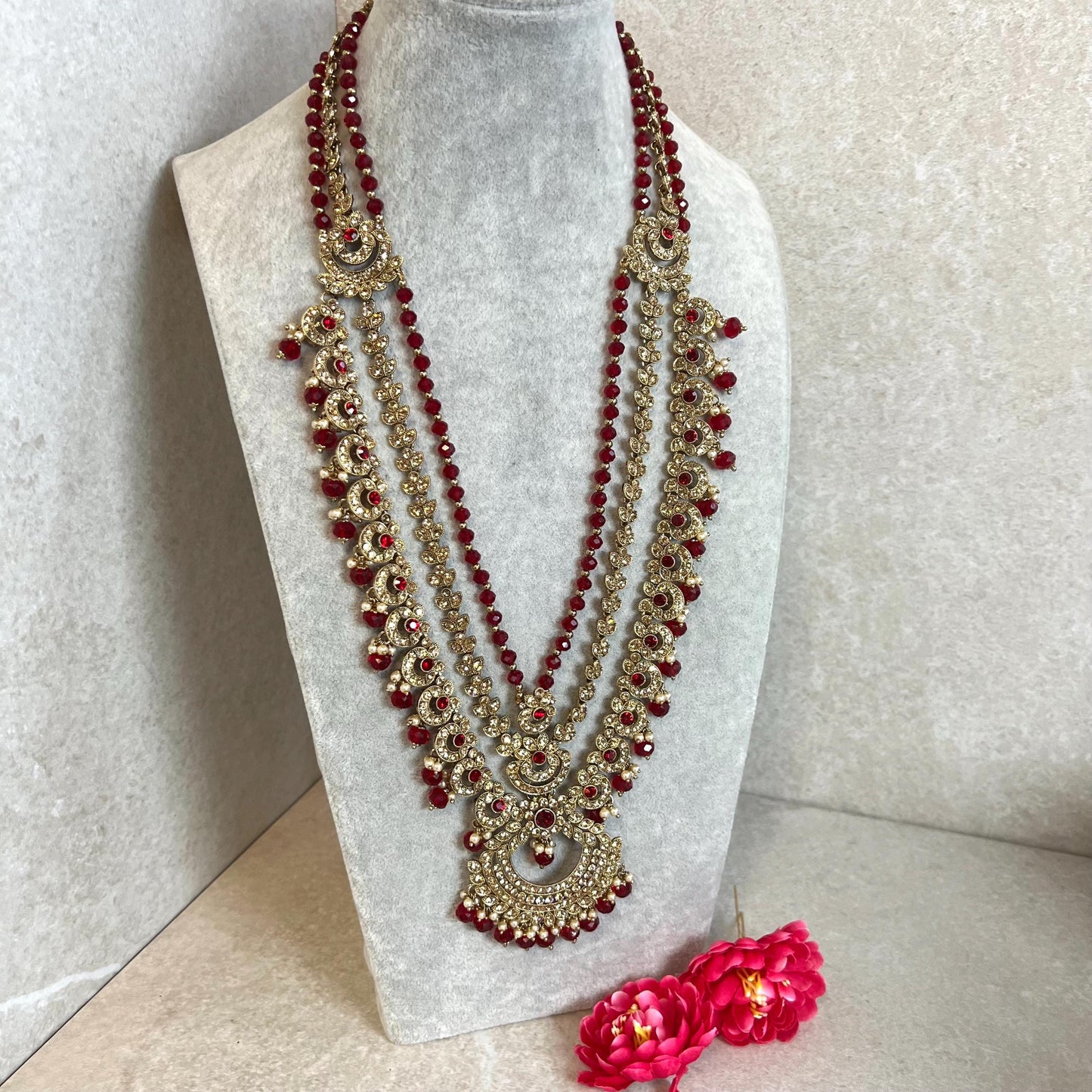 Maroon- Antique Gold with Golden Rhinestone/ Long Mala/ Haar/ Long Necklace/ Unique Style/ Indian/ Pakistani/Fashion Jewellery/ Gift for her