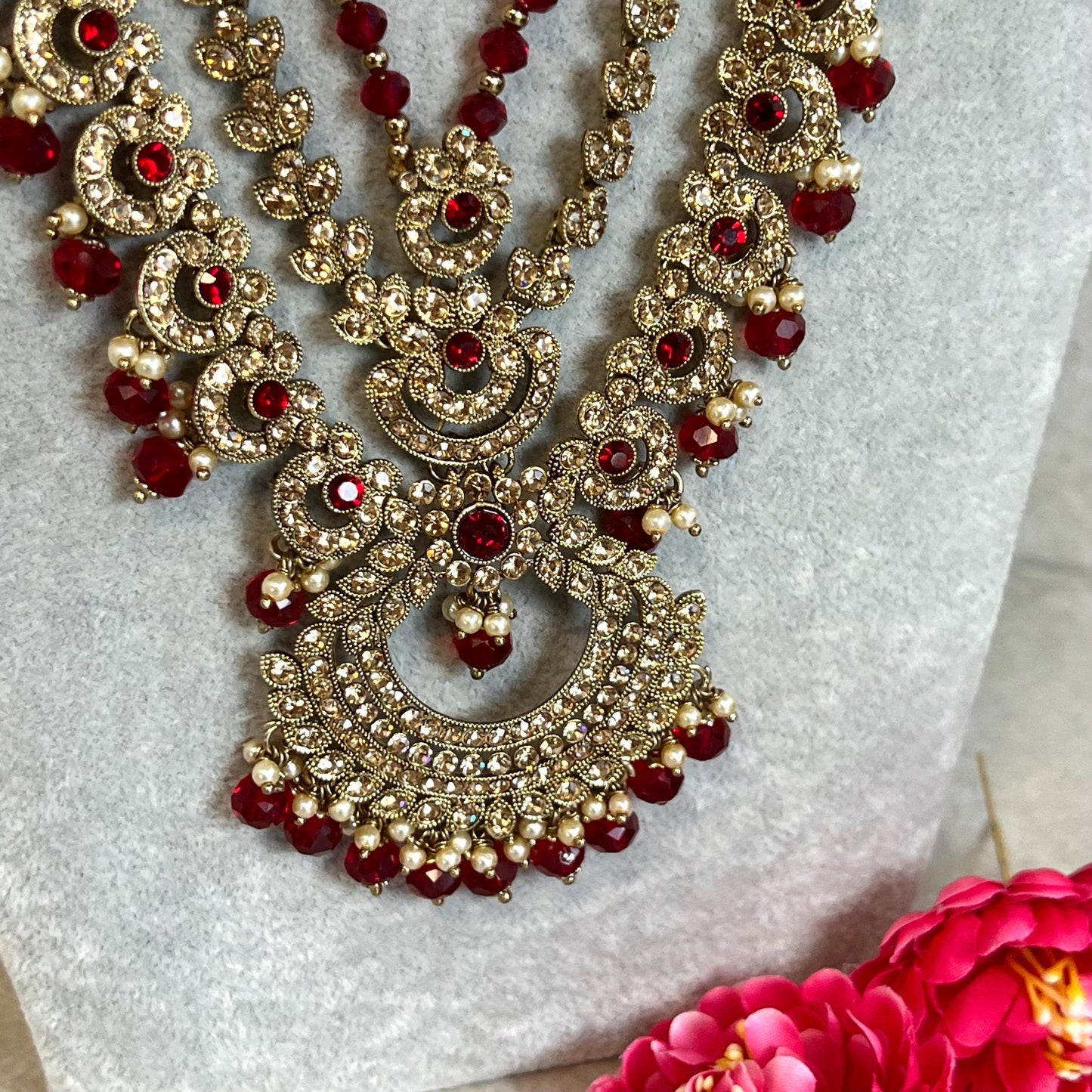 Maroon- Antique Gold with Golden Rhinestone/ Long Mala/ Haar/ Long Necklace/ Unique Style/ Indian/ Pakistani/Fashion Jewellery/ Gift for her