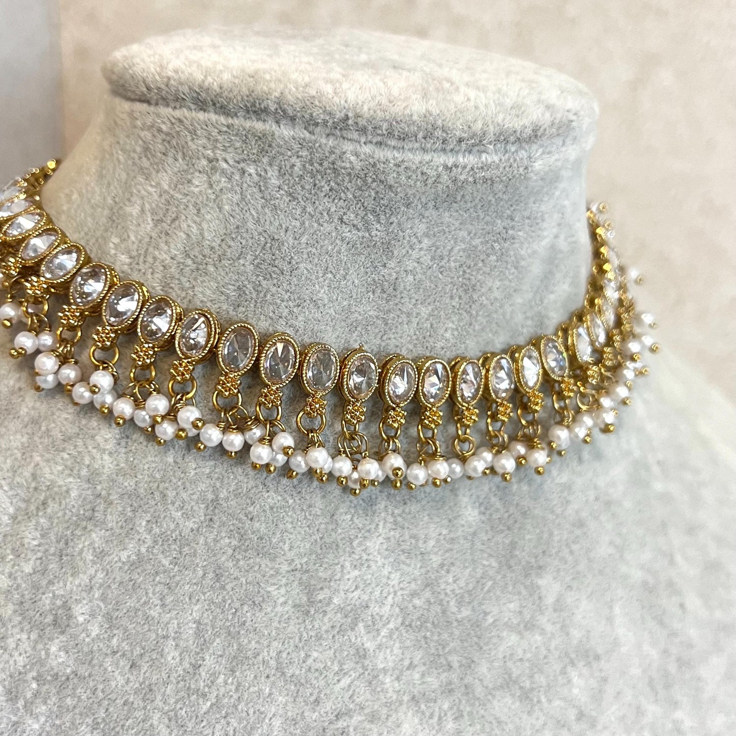 Clear Thin Necklace Set Small Jhumka Earring/No Tikka/ Indian/ Pakistani/Fashion Jewellery/ Gift for Women/ Antique Gold with Clear Crystal