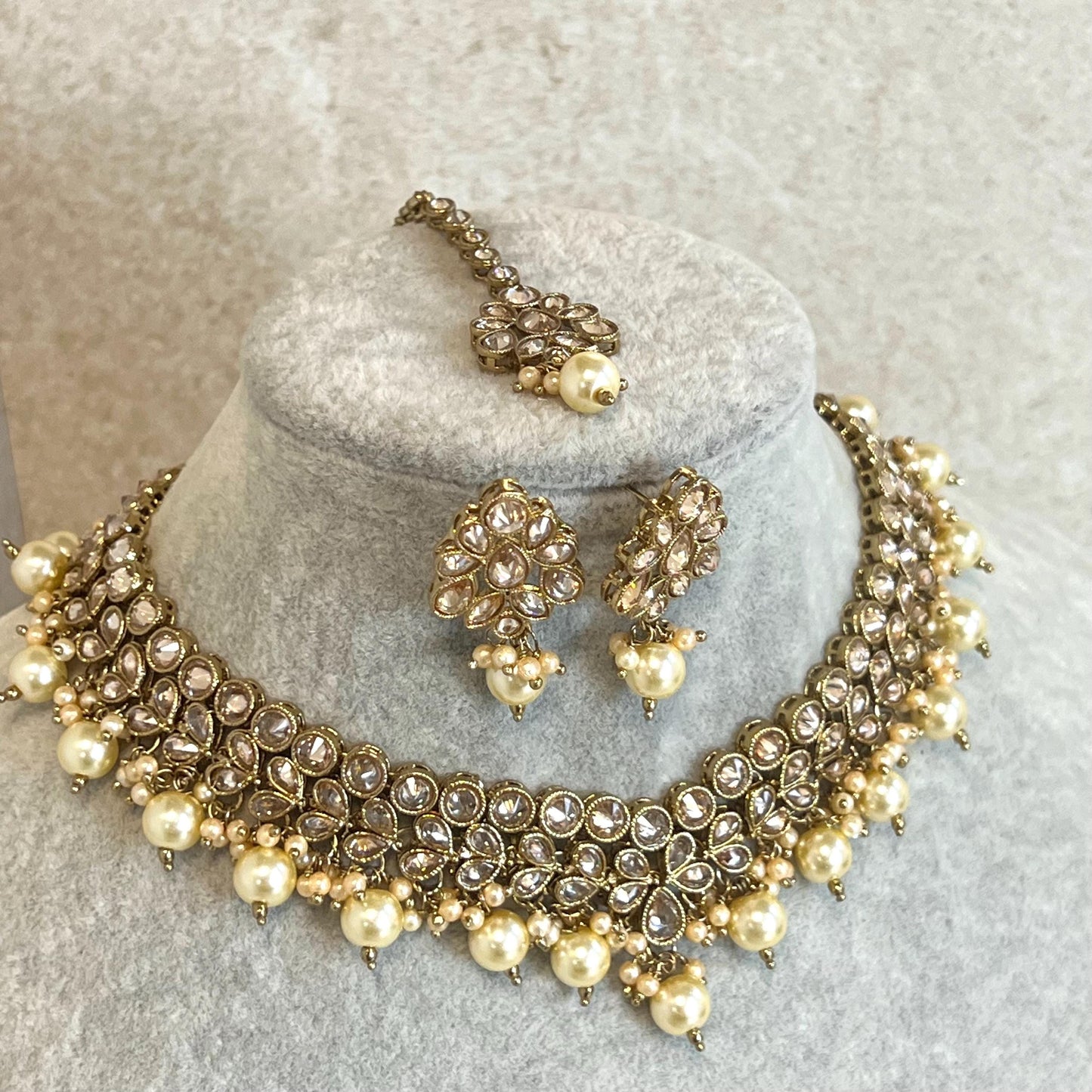 Pearl Antique Gold with Champagne Zircon Crystals.  Necklace Set Small Stud Earring and Tikka/ Indian/ Pakistani/Fashion Jewellery/ Gift