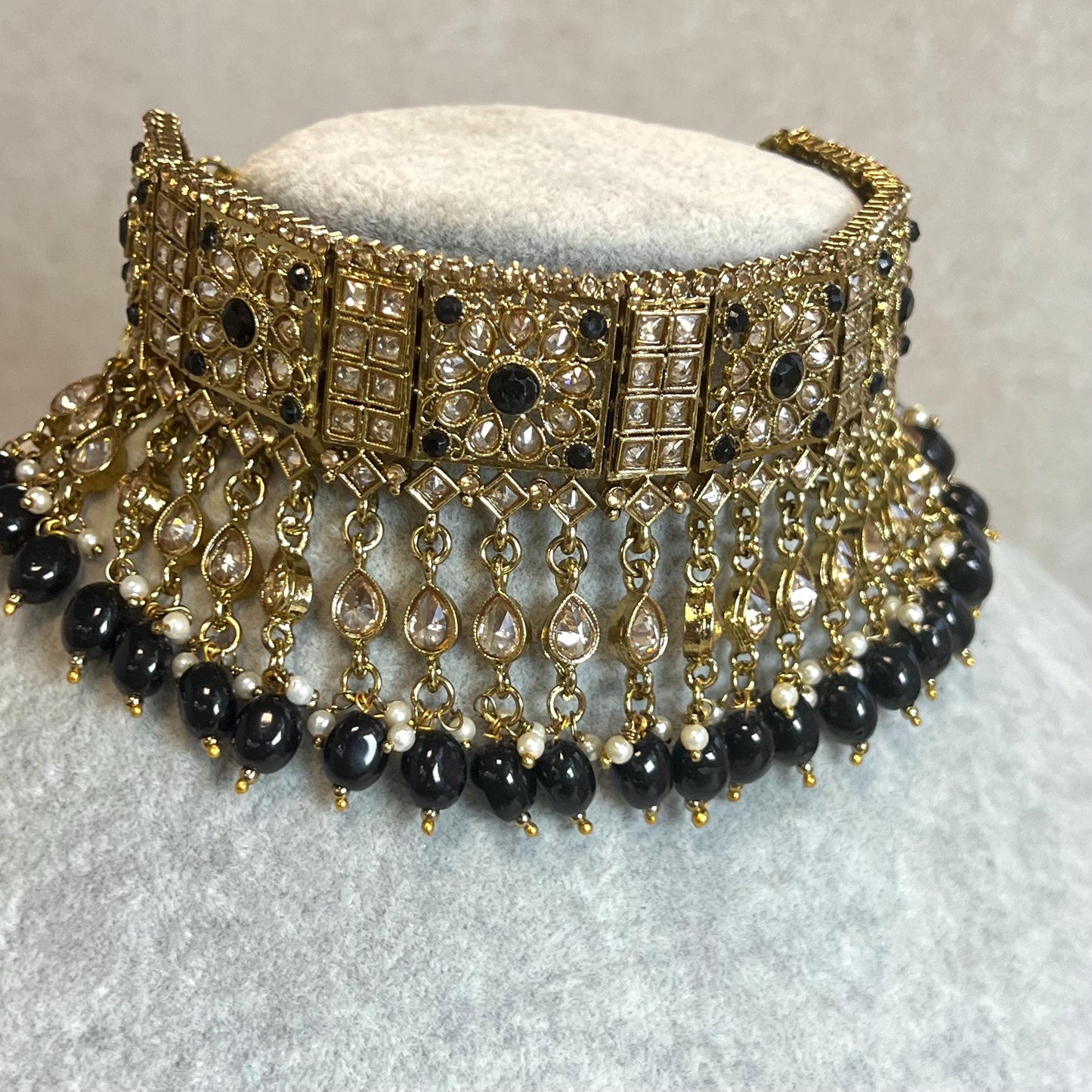 Black/ Large Antique Gold Crystal Choker set with Jhumka Earring and Tikka.  Indian/ Pakistani Style/ Wedding/ Fashion Jewellery