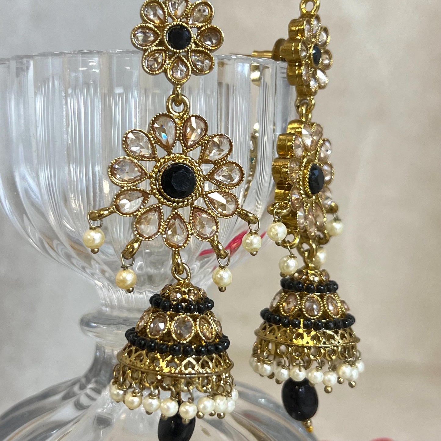 Black/ Large Antique Gold Crystal Choker set with Jhumka Earring and Tikka.  Indian/ Pakistani Style/ Wedding/ Fashion Jewellery