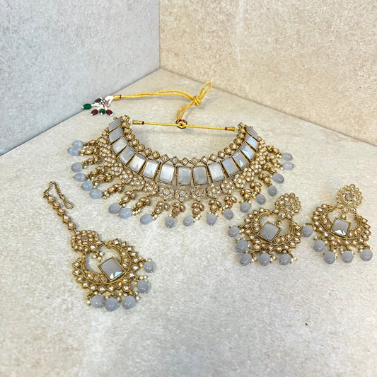 Grey Choker set Earring/ Tikka/ Tikli/ Indian/ Pakistani/Fashion Jewellery/ Gift for Women