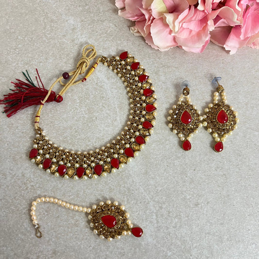 Red and Gold Rhinestone Necklace Set Earring and Tikka/  Indian/ Pakistani/Fashion Jewellery/ Gift for Women/ Diwali/ Eid/ Party