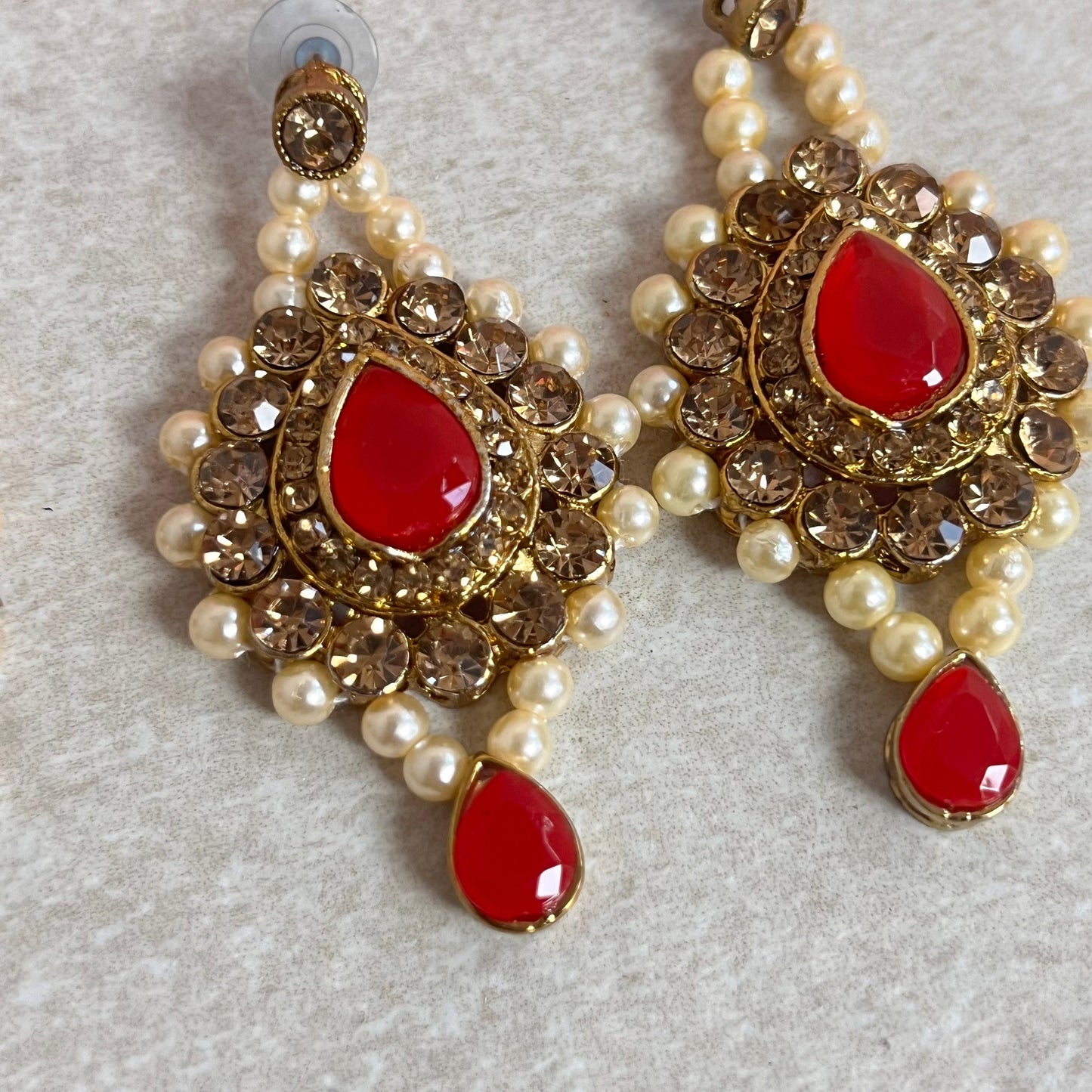 Red and Gold Rhinestone Necklace Set Earring and Tikka/  Indian/ Pakistani/Fashion Jewellery/ Gift for Women/ Diwali/ Eid/ Party