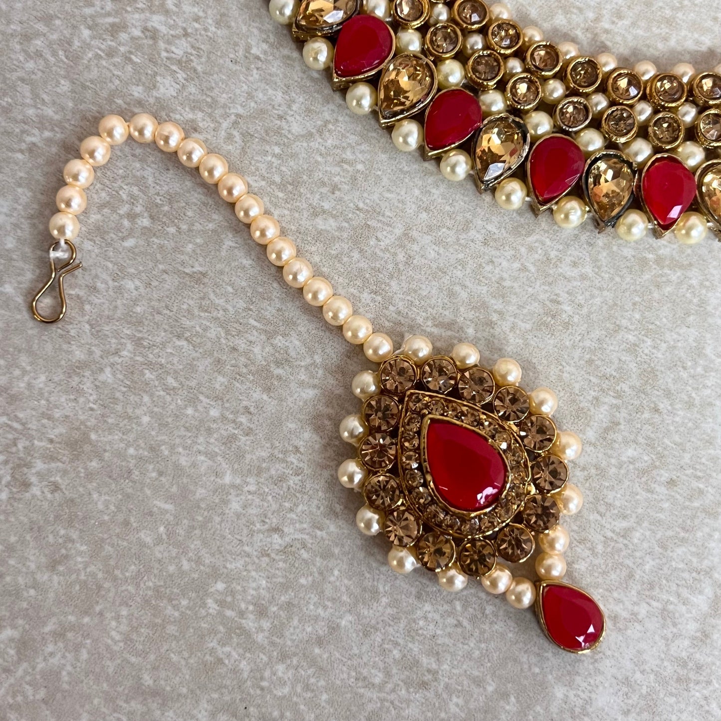 Red and Gold Rhinestone Necklace Set Earring and Tikka/  Indian/ Pakistani/Fashion Jewellery/ Gift for Women/ Diwali/ Eid/ Party