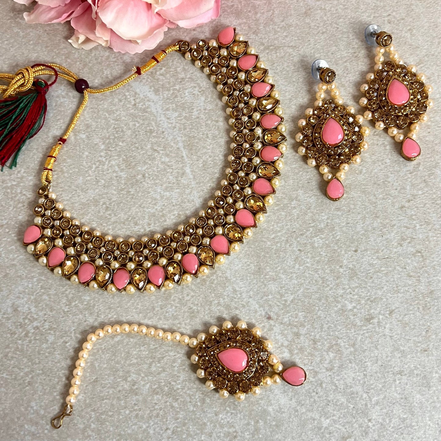Pink and Gold Rhinestone Necklace Set Earring and Tikka/  Indian/ Pakistani/Fashion Jewellery/ Gift for Women/ Diwali/ Eid/ Ethnic Jewellery