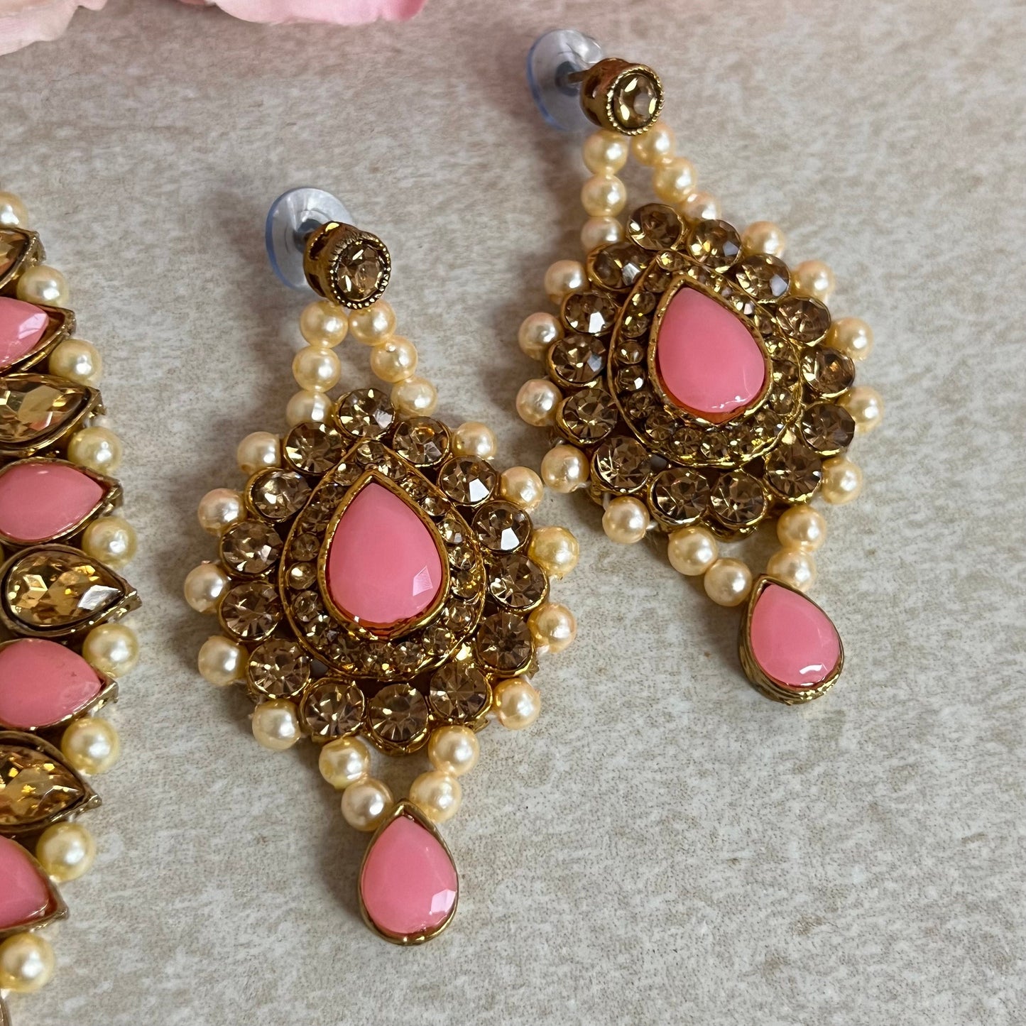 Pink and Gold Rhinestone Necklace Set Earring and Tikka/  Indian/ Pakistani/Fashion Jewellery/ Gift for Women/ Diwali/ Eid/ Ethnic Jewellery