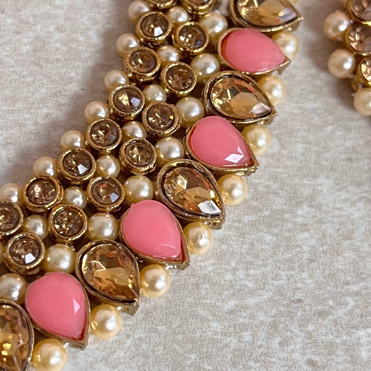 Pink and Gold Rhinestone Necklace Set Earring and Tikka/  Indian/ Pakistani/Fashion Jewellery/ Gift for Women/ Diwali/ Eid/ Ethnic Jewellery