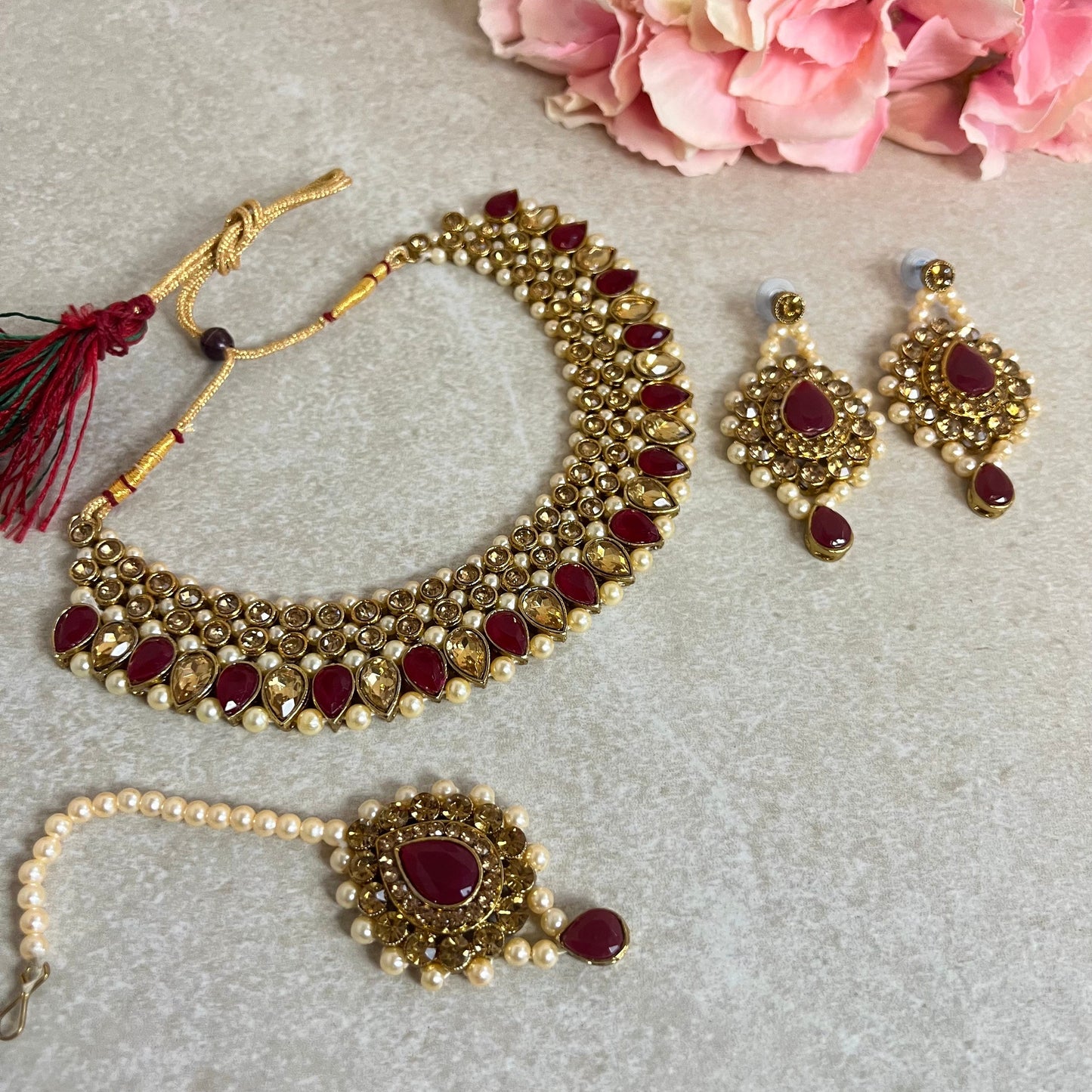 Maroon/ Red/ Pink and Gold Rhinestone Necklace Set Earring and Tikka/  Indian/ Pakistani/Fashion Jewellery/ Gift for Women/ Diwali/ Eid/