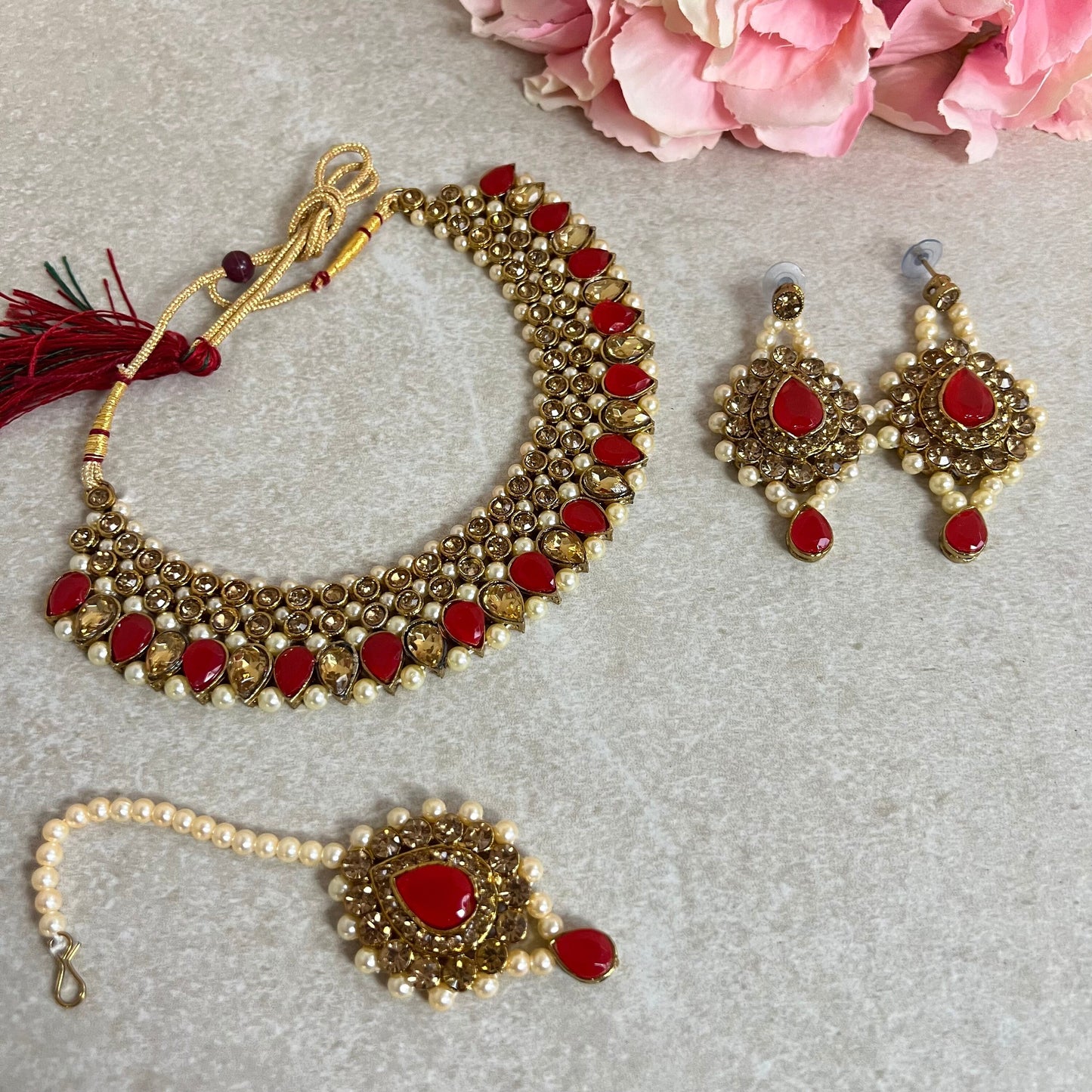 Maroon/ Red/ Pink and Gold Rhinestone Necklace Set Earring and Tikka/  Indian/ Pakistani/Fashion Jewellery/ Gift for Women/ Diwali/ Eid/