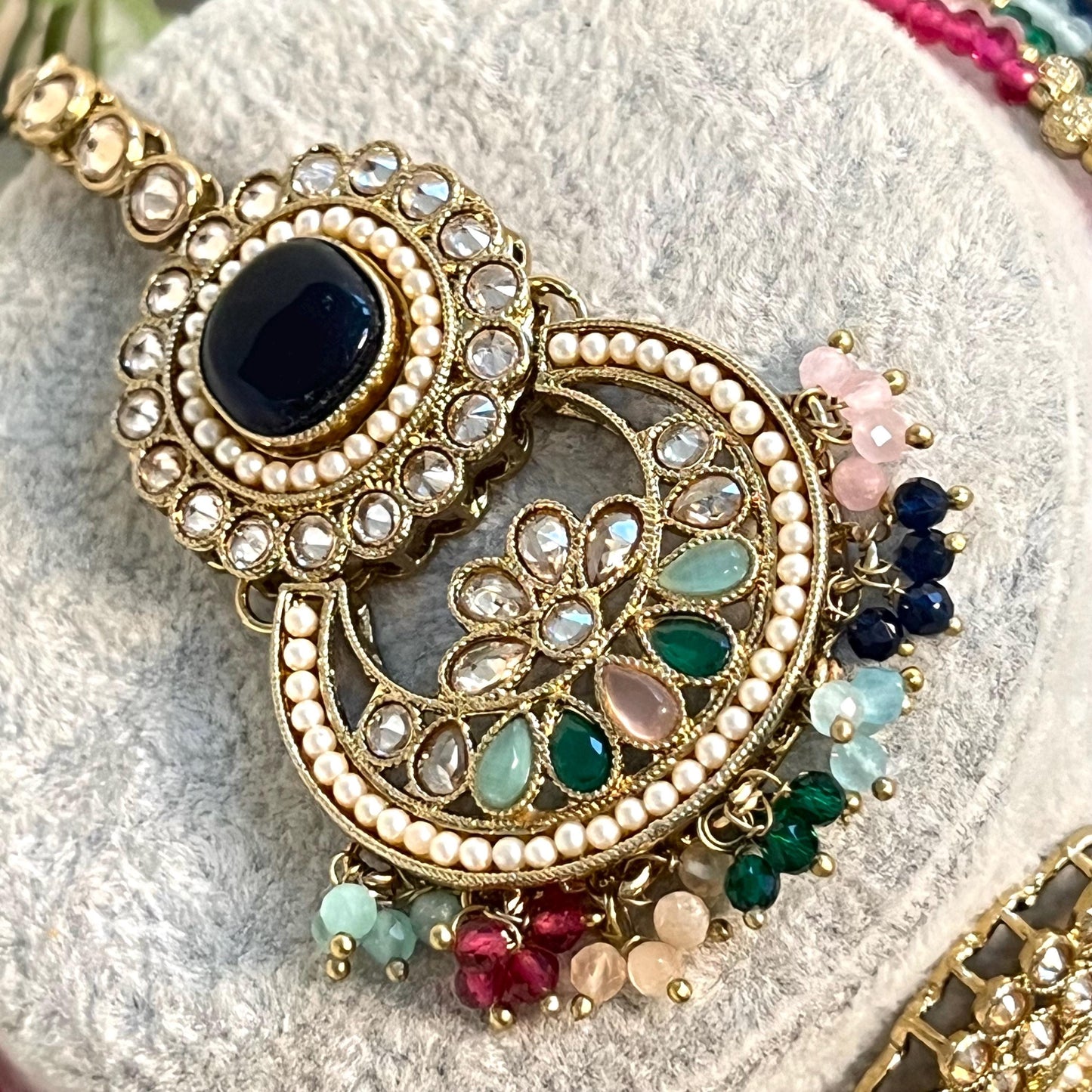 Navy -Multicoloured Choker Set with Jhumka Earring and Tikka/ Antique Gold with Champagne Zircon Crystal/Asian Jewellery/ Multiple Colours