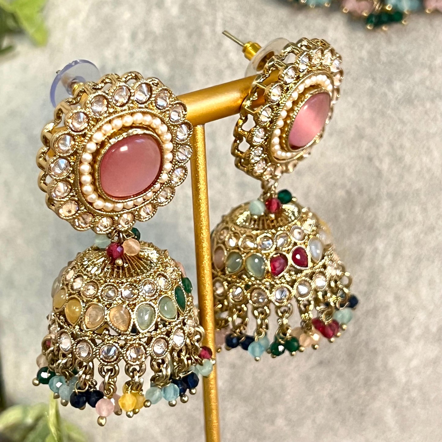 Pink -Multicoloured Choker Set with Jhumka Earring and Tikka/ Antique Gold with Champagne Zircon Crystal/Asian Jewellery/ Multiple Colours