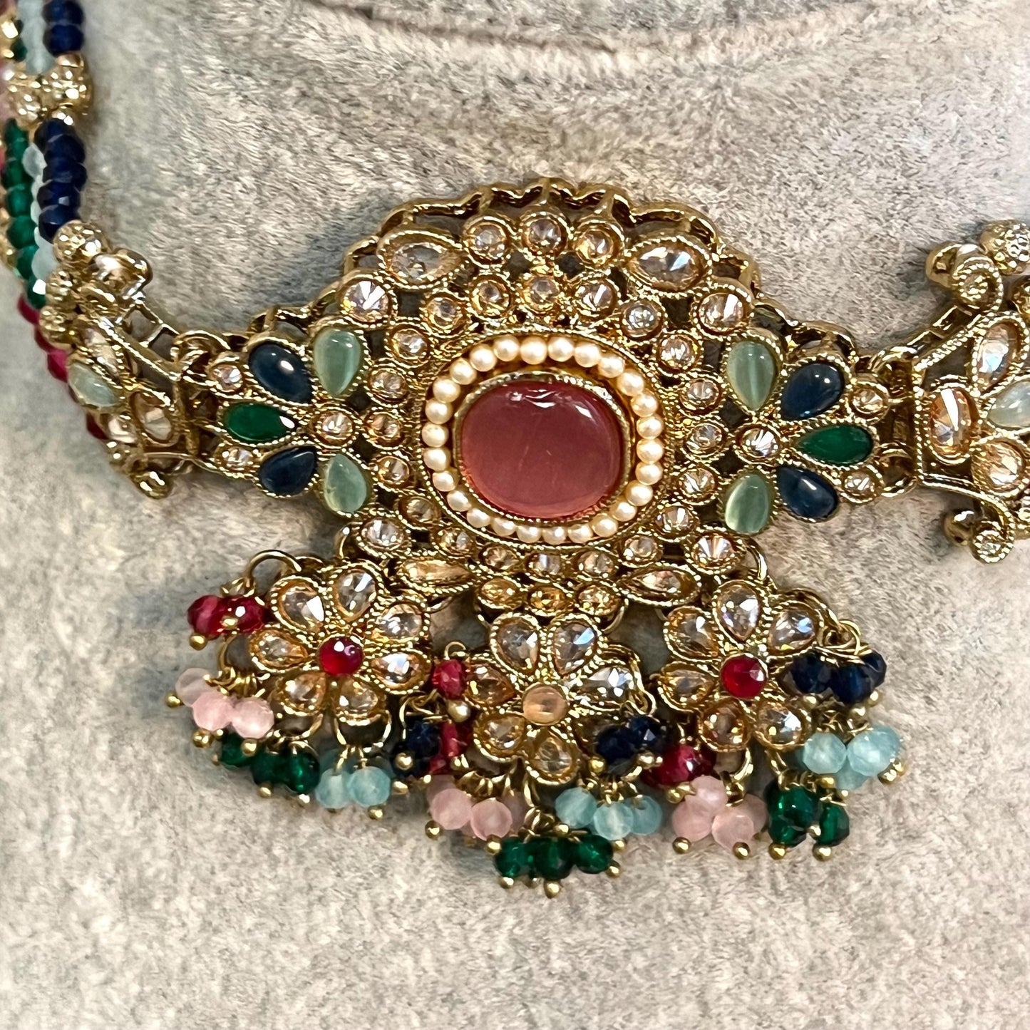 Pink -Multicoloured Choker Set with Jhumka Earring and Tikka/ Antique Gold with Champagne Zircon Crystal/Asian Jewellery/ Multiple Colours