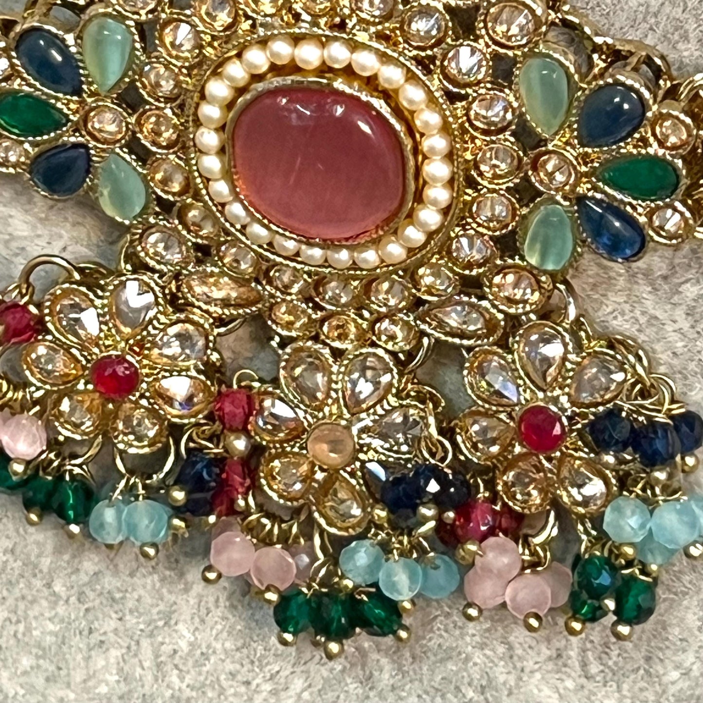 Pink -Multicoloured Choker Set with Jhumka Earring and Tikka/ Antique Gold with Champagne Zircon Crystal/Asian Jewellery/ Multiple Colours