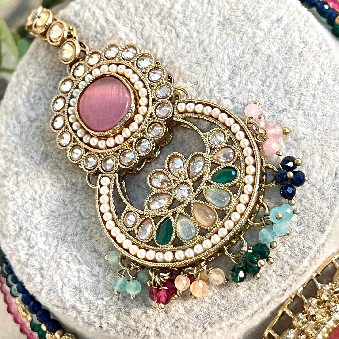 Pink -Multicoloured Choker Set with Jhumka Earring and Tikka/ Antique Gold with Champagne Zircon Crystal/Asian Jewellery/ Multiple Colours