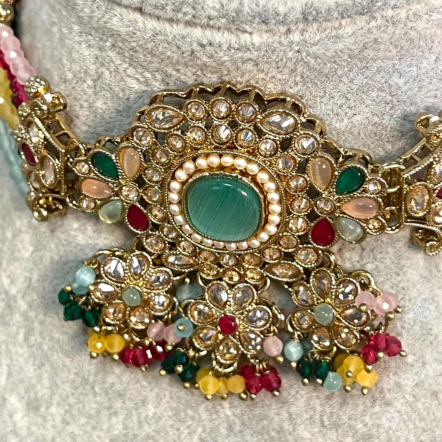Mint -Multicoloured Choker Set with Jhumka Earring and Tikka/ Antique Gold with Champagne Zircon Crystal/Asian Jewellery/ Multiple Colours