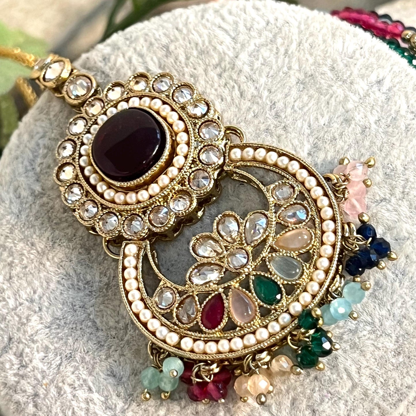 Maroon -Multicoloured Choker Set with Jhumka Earring and Tikka/ Antique Gold with Champagne Zircon Crystal/Asian Jewellery/ Multiple Colours