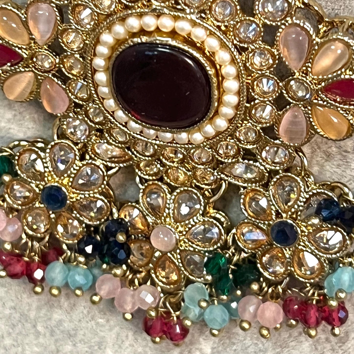 Maroon -Multicoloured Choker Set with Jhumka Earring and Tikka/ Antique Gold with Champagne Zircon Crystal/Asian Jewellery/ Multiple Colours