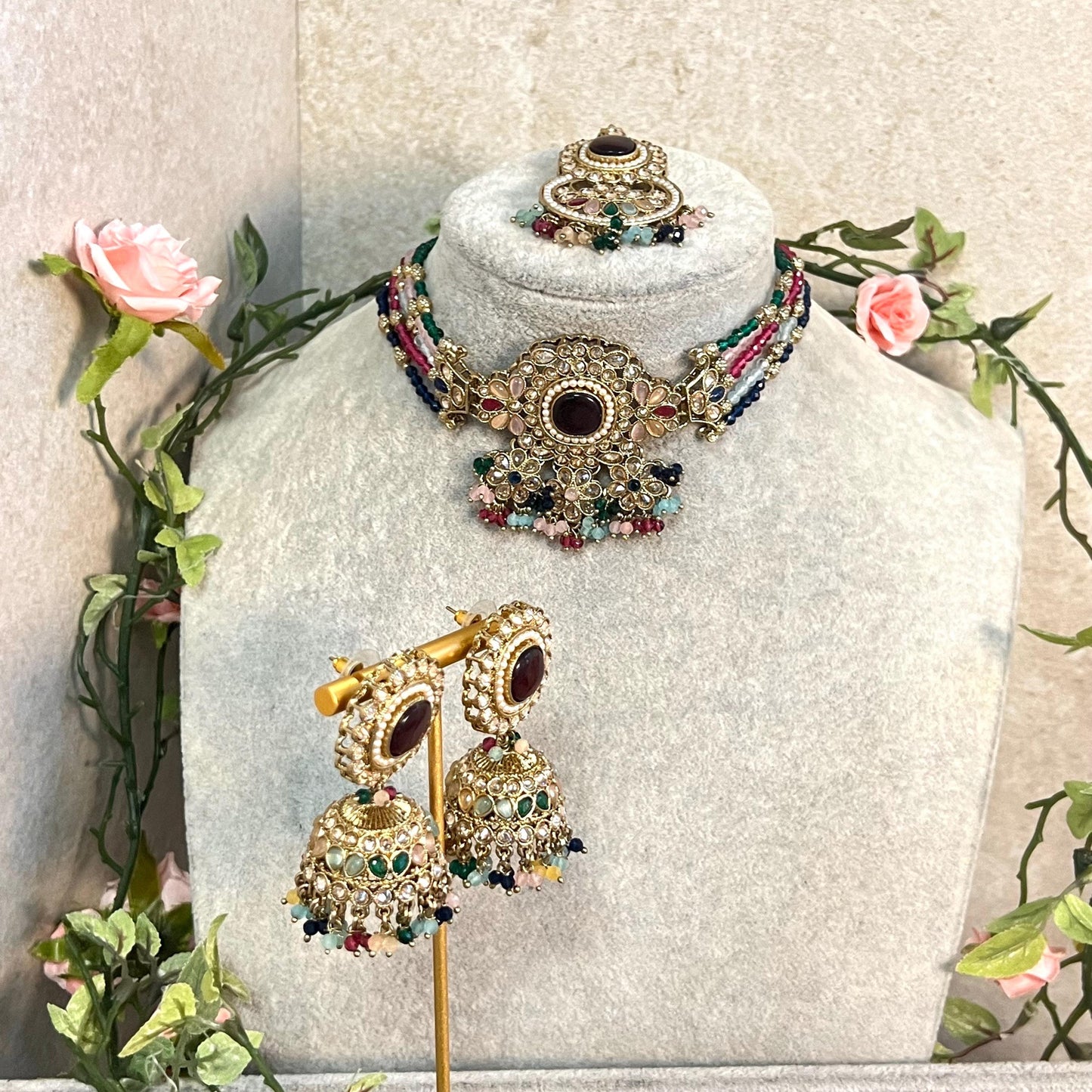 Maroon -Multicoloured Choker Set with Jhumka Earring and Tikka/ Antique Gold with Champagne Zircon Crystal/Asian Jewellery/ Multiple Colours