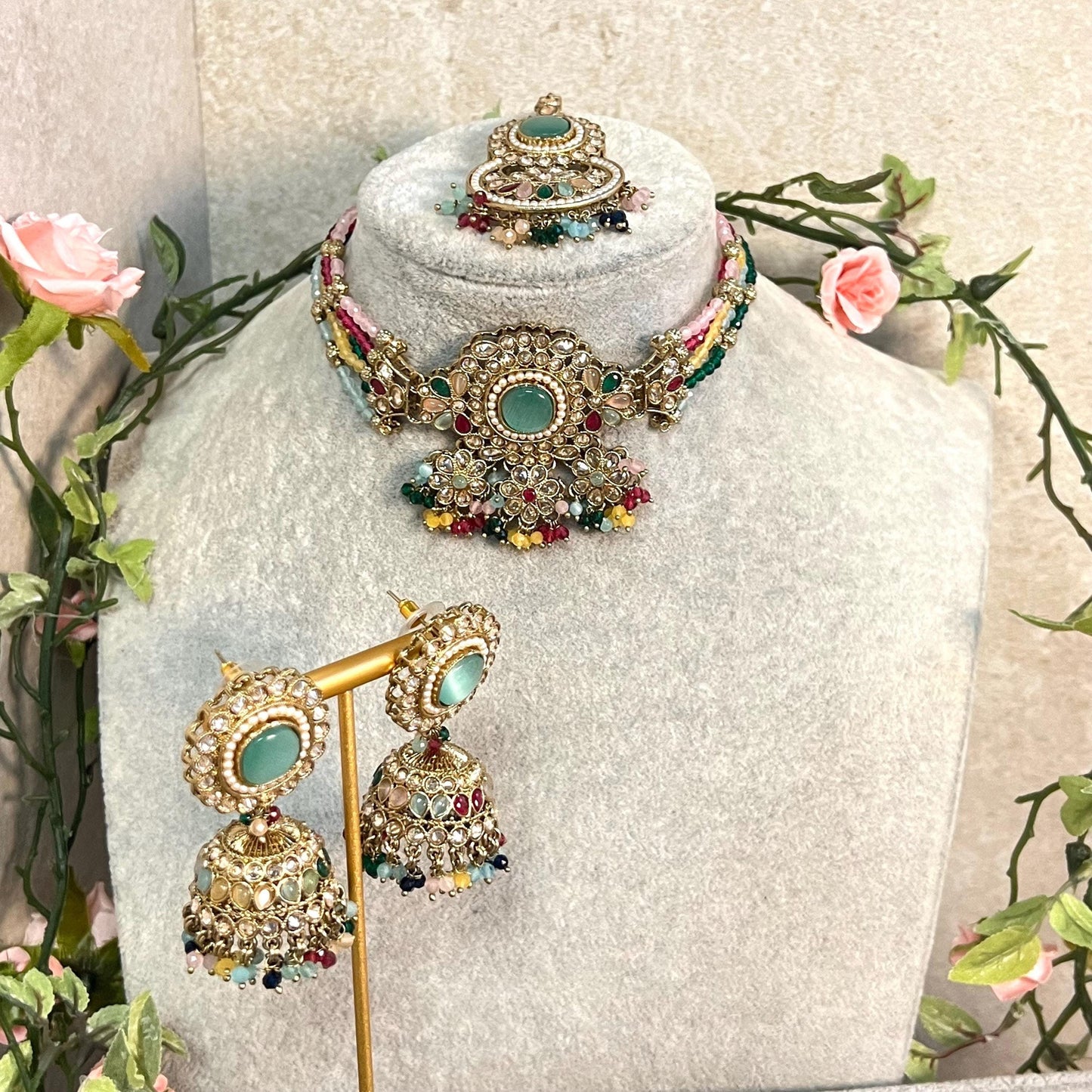 Mint -Multicoloured Choker Set with Jhumka Earring and Tikka/ Antique Gold with Champagne Zircon Crystal/Asian Jewellery/ Multiple Colours