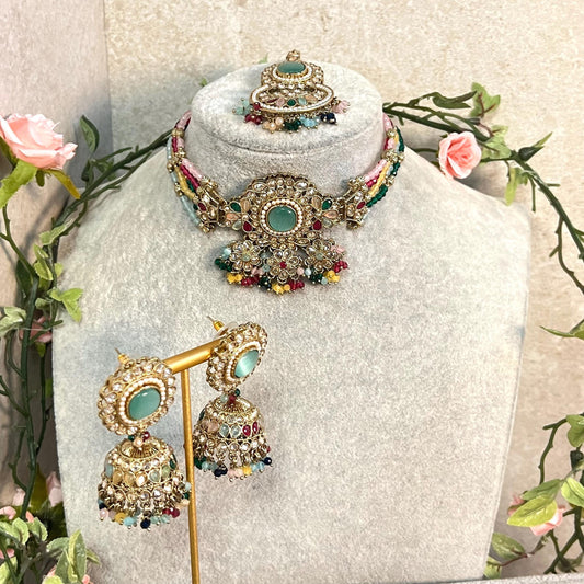 Mint -Multicoloured Choker Set with Jhumka Earring and Tikka/ Antique Gold with Champagne Zircon Crystal/Asian Jewellery/ Multiple Colours