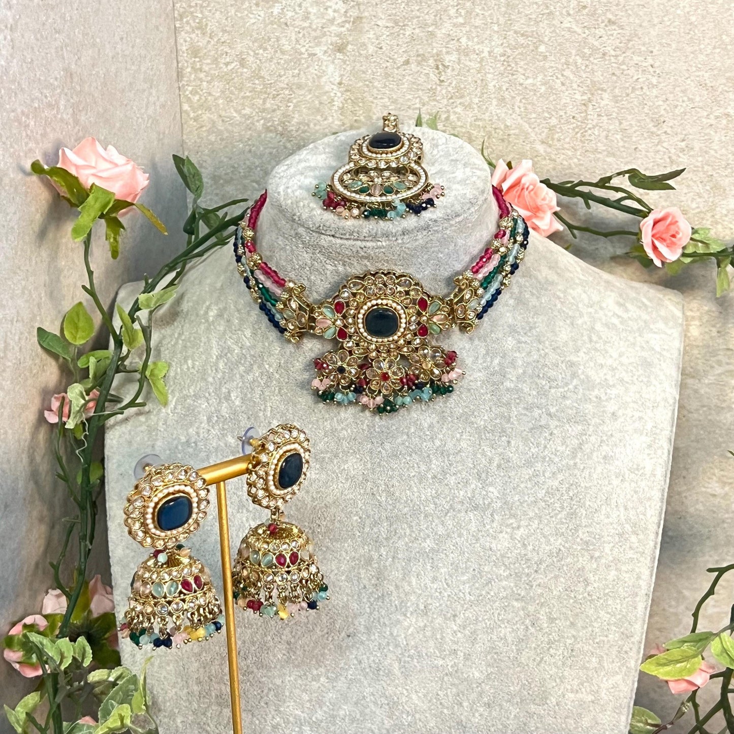 Navy -Multicoloured Choker Set with Jhumka Earring and Tikka/ Antique Gold with Champagne Zircon Crystal/Asian Jewellery/ Multiple Colours