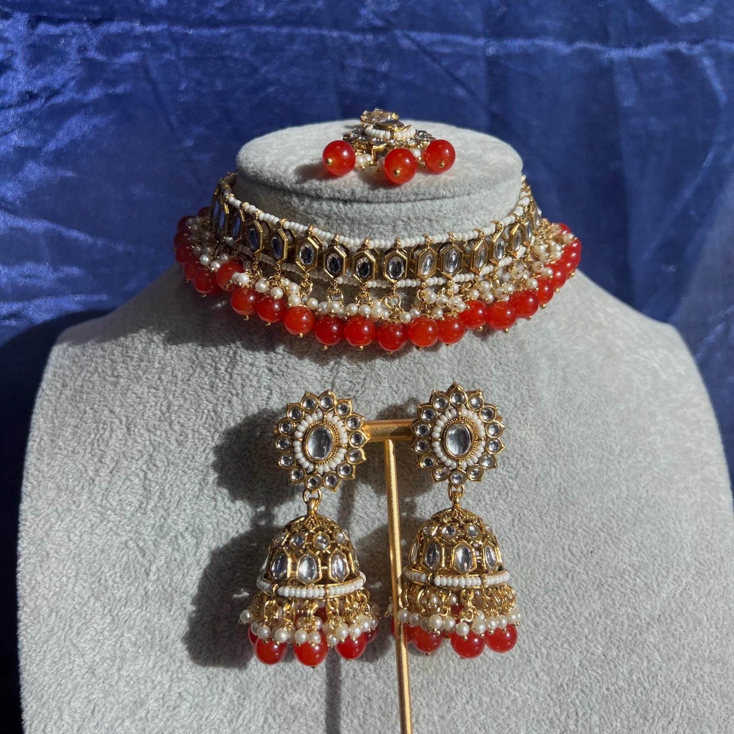 Faux Kundan Necklace set - Red/Indian/ Pakistani Style/ Choker/ Earring/ Tikka/Wedding/Party
