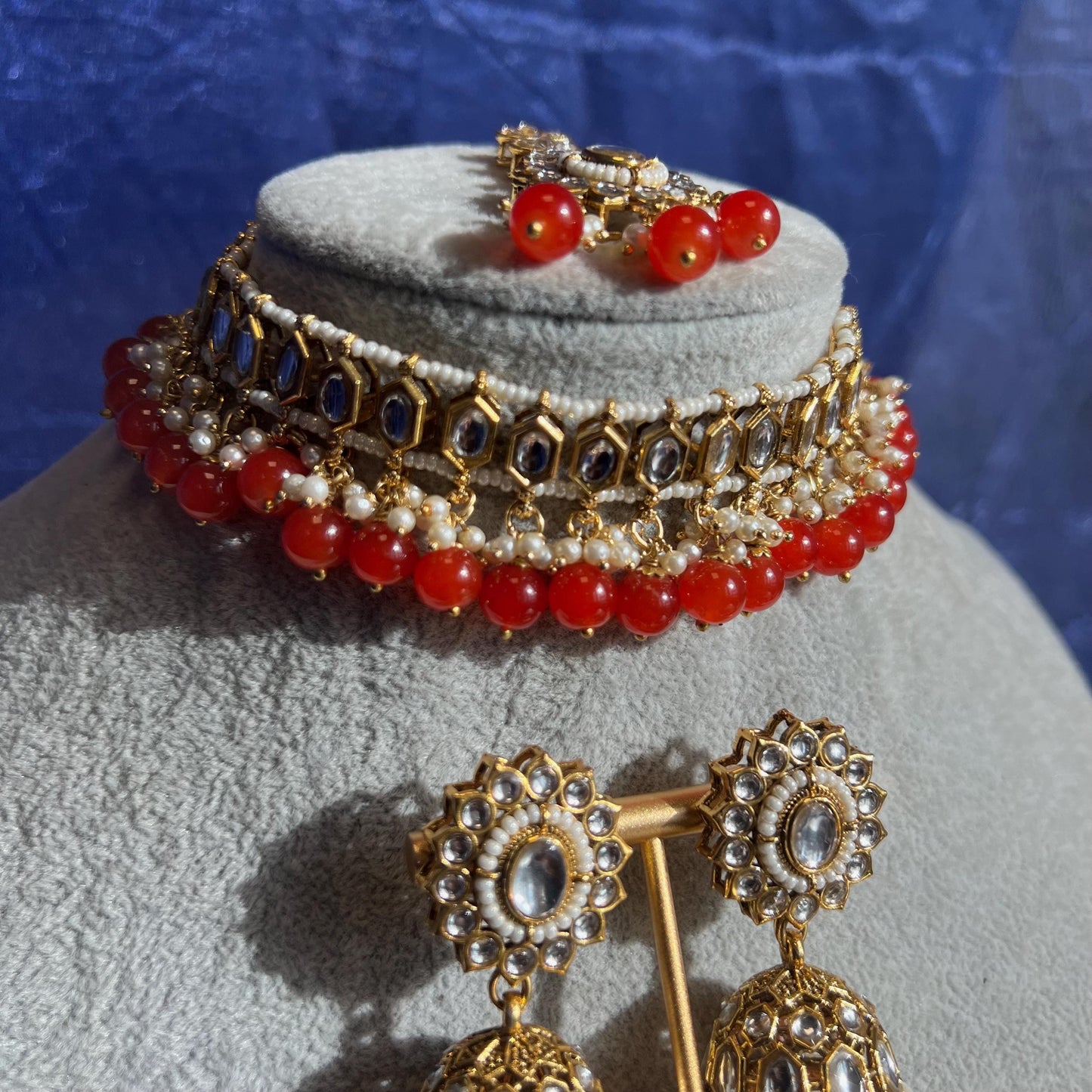 Faux Kundan Necklace set - Red/Indian/ Pakistani Style/ Choker/ Earring/ Tikka/Wedding/Party