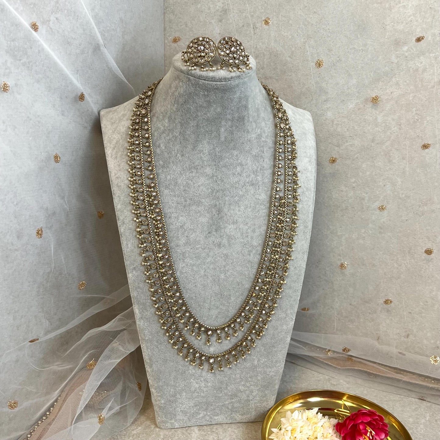 Champagne 2 Strand-Long Necklace and Earring set/Antique Gold with Zircon Crystal and Stud earring. No Tikka/ Pakistani/ Indian Fashion Set