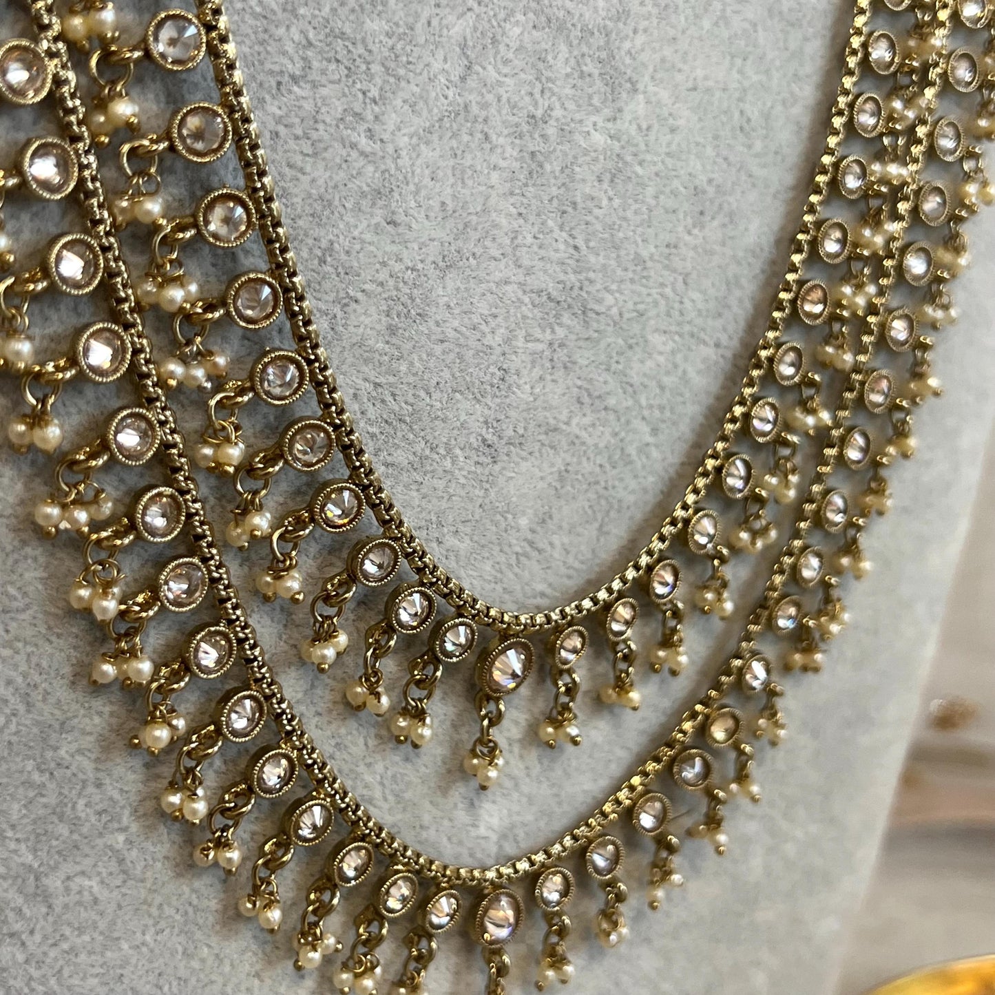 Champagne 2 Strand-Long Necklace and Earring set/Antique Gold with Zircon Crystal and Stud earring. No Tikka/ Pakistani/ Indian Fashion Set