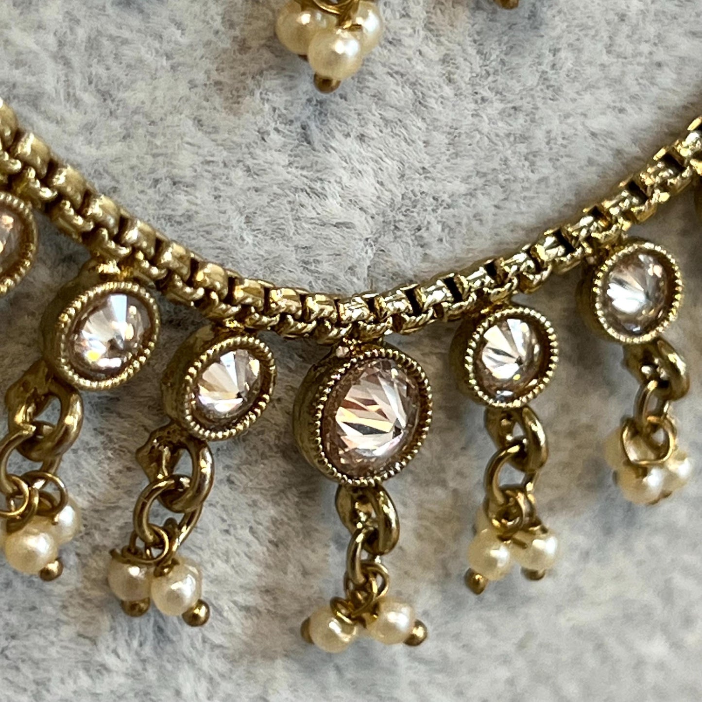 Champagne 2 Strand-Long Necklace and Earring set/Antique Gold with Zircon Crystal and Stud earring. No Tikka/ Pakistani/ Indian Fashion Set