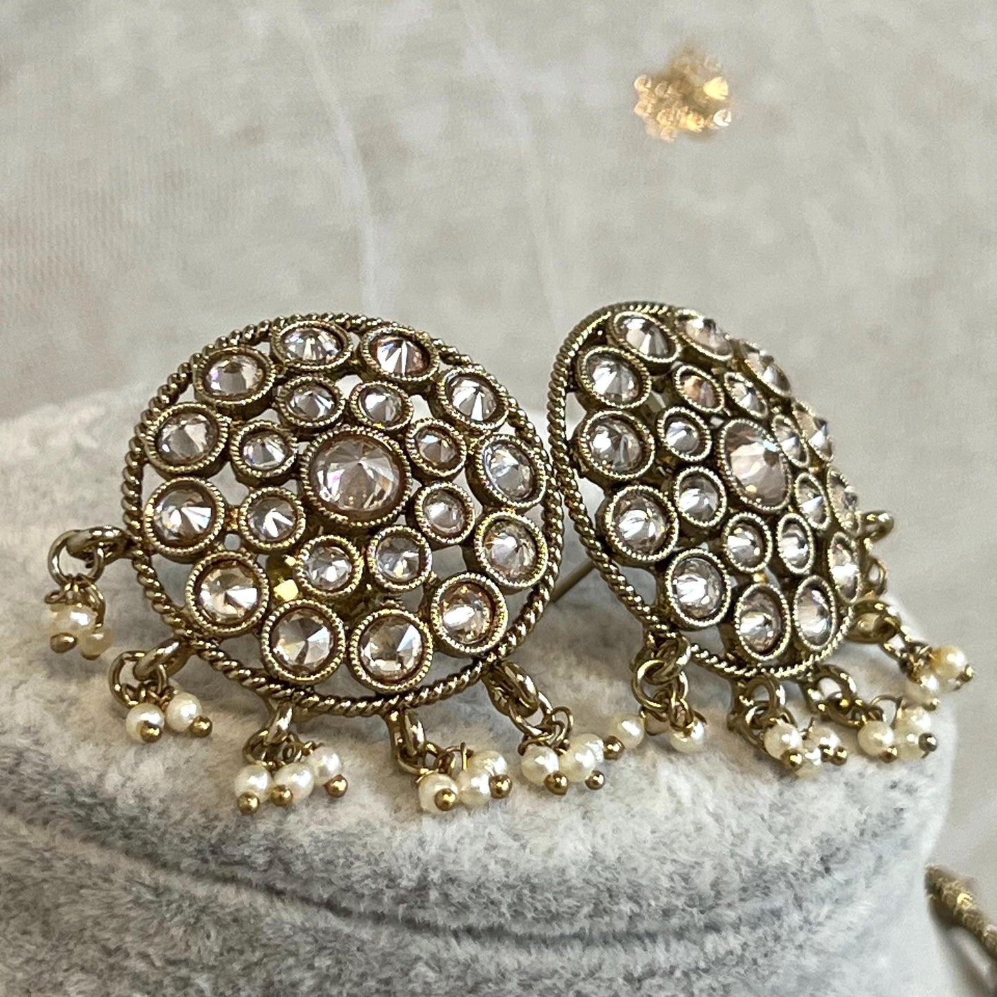 Champagne 2 Strand-Long Necklace and Earring set/Antique Gold with Zircon Crystal and Stud earring. No Tikka/ Pakistani/ Indian Fashion Set