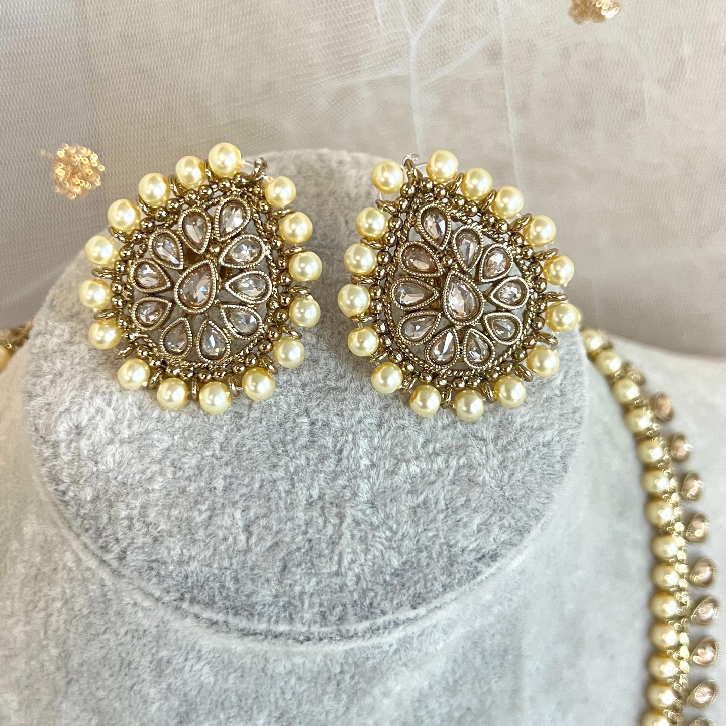 Champagne/ Pearl-Long Necklace and Earring set/Antique Gold with Zircon Crystal and Stud earring. No Tikka/ Pakistani/ Indian Fashion Set