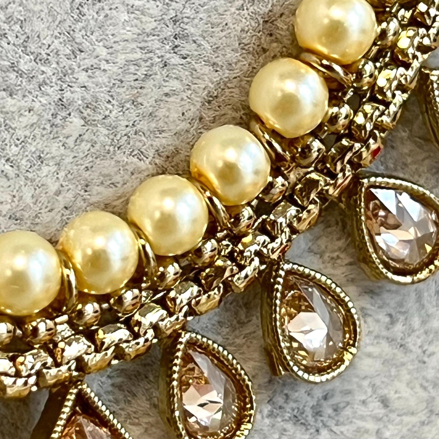 Champagne/ Pearl-Long Necklace and Earring set/Antique Gold with Zircon Crystal and Stud earring. No Tikka/ Pakistani/ Indian Fashion Set